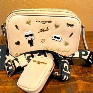Karl Lagerfeld NWT Cream Leather Crossbody & Coin Pouch Set MSRP $198